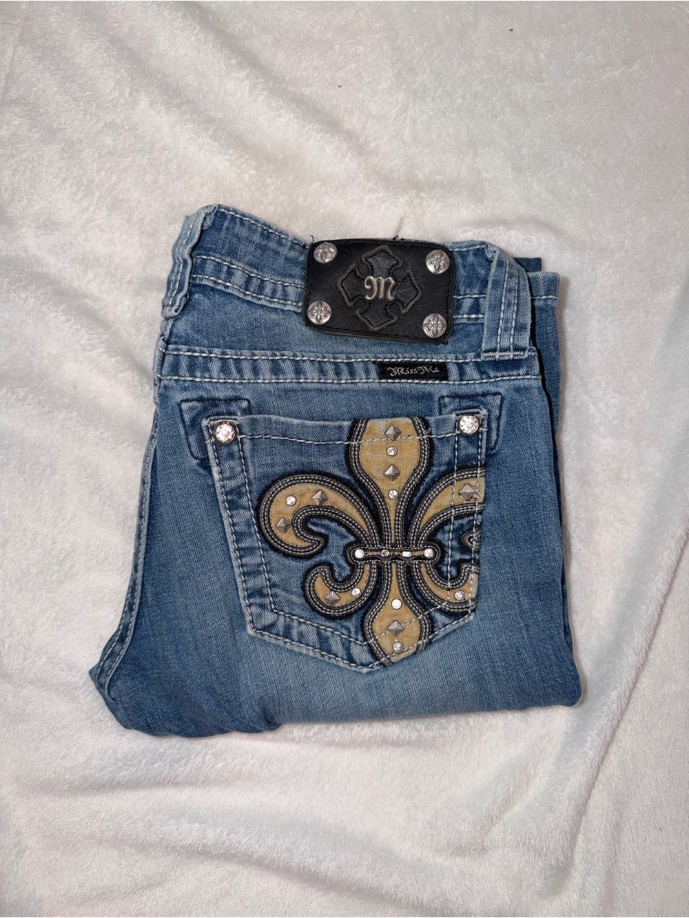 Miss Me Blue Wash Boot Cut Jeans with Embroidered Fleur-de-Lis